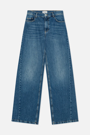 Front view of wide-leg blue jeans with faded whiskering, orange contrast stitching, belt loops and five-pocket styling.