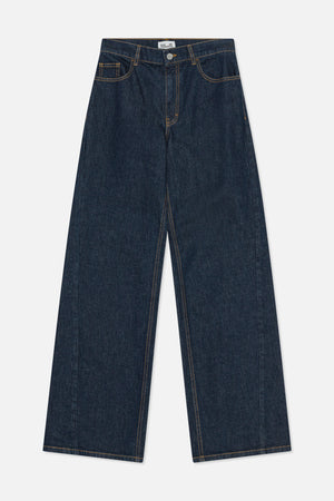 Front view of dark indigo wide-leg jeans with contrast tan stitching, a button waist, belt loops and front pockets.