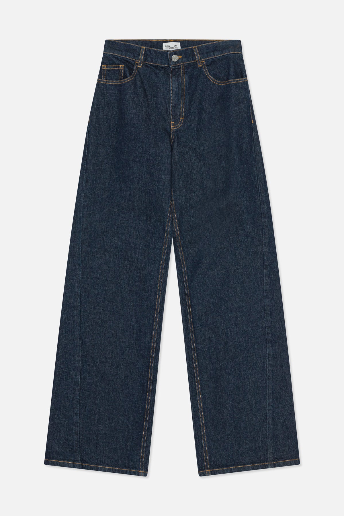 Front view of dark indigo wide-leg jeans with contrast tan stitching, a button waist, belt loops and front pockets.