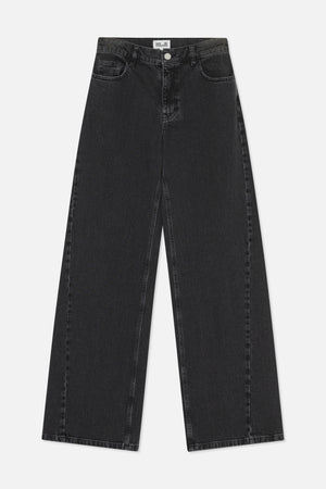 Front view of charcoal-black washed denim jeans with a button waist, five-pocket styling and wide straight legs.