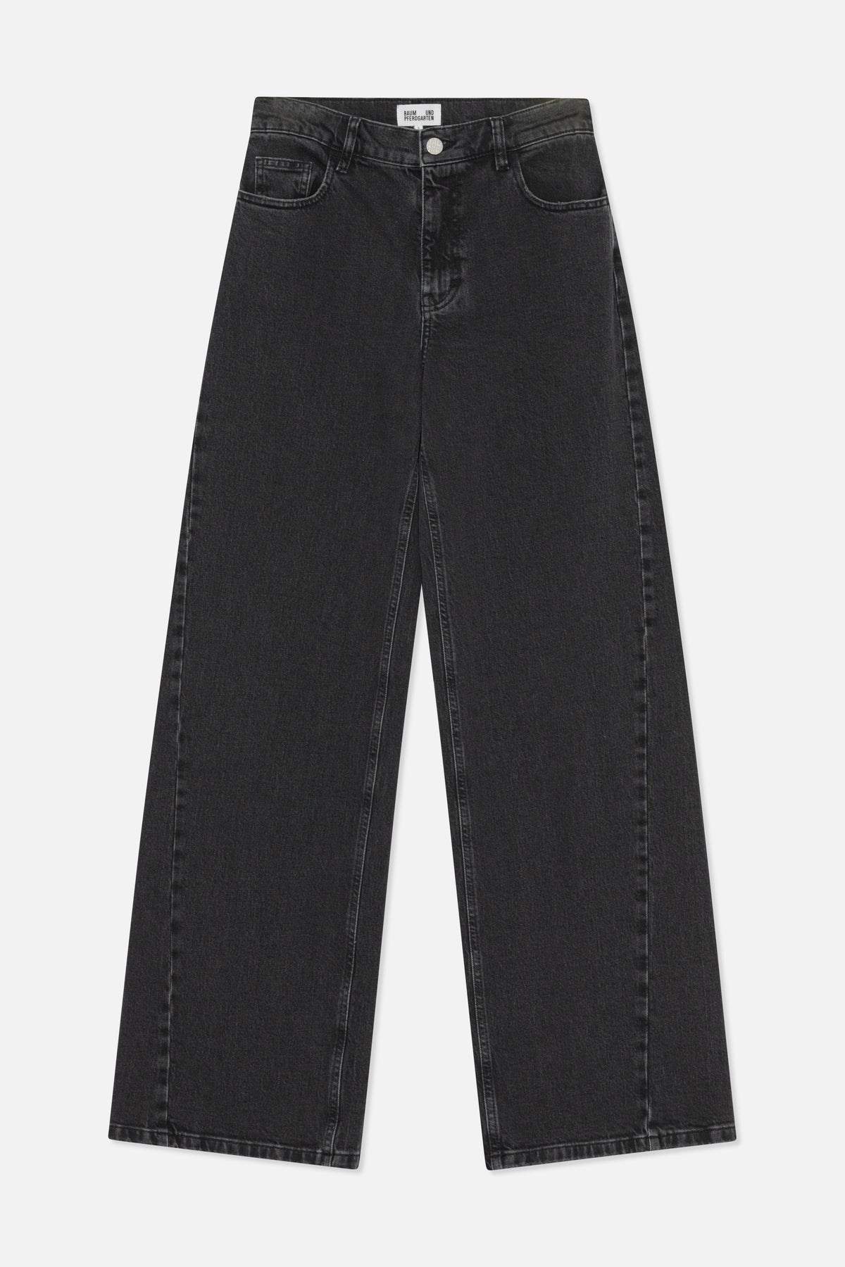 Front view of charcoal-black washed denim jeans with a button waist, five-pocket styling and wide straight legs.