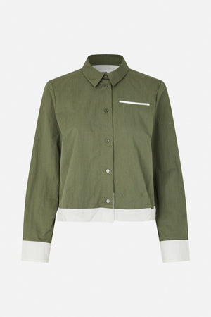 Front view of an olive green button-up shirt with a pointed collar, white contrast hem and cuffs, and a slim chest pocket opening.