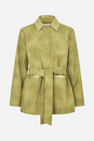 Front view of a yellow-green belted coat with a pointed collar, glossy collar and pocket trim, button closure and chest pocket.