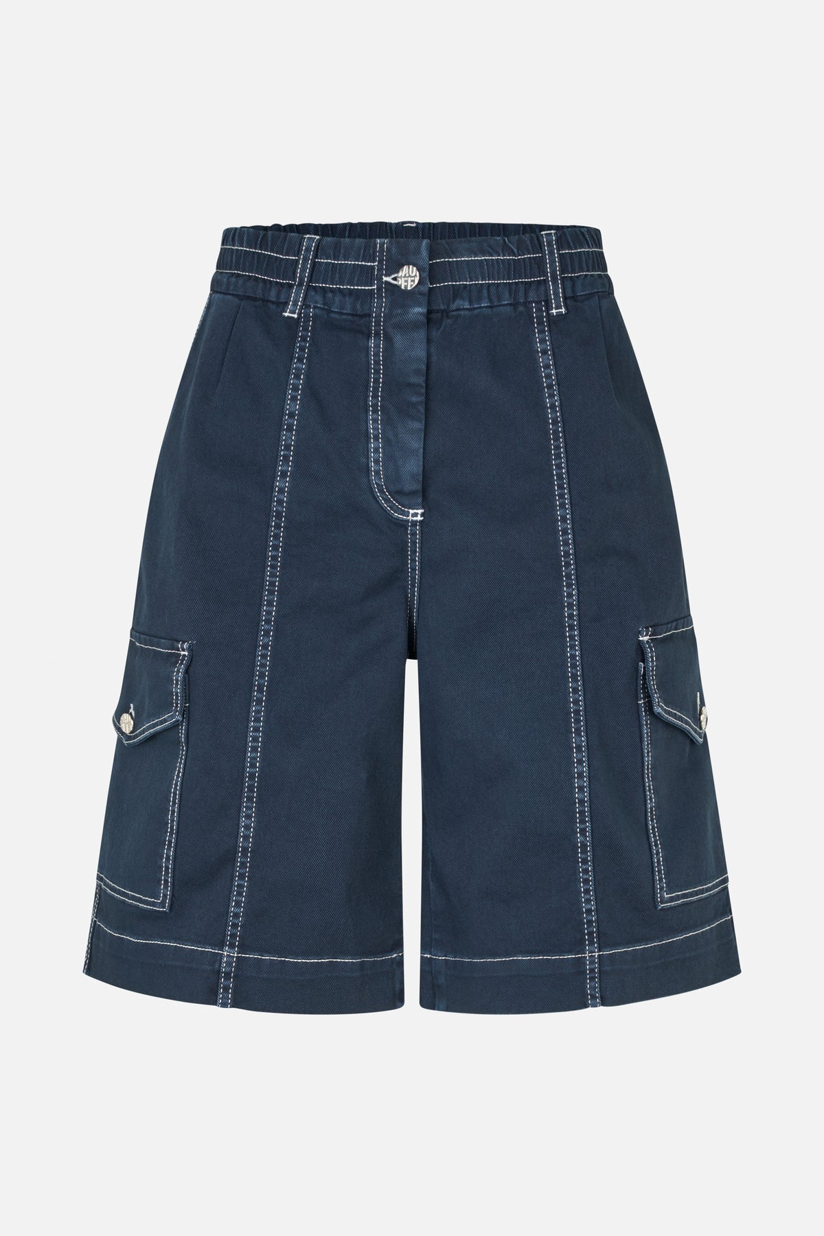 Front view of navy denim cargo shorts with wide legs, white contrast stitching and buttoned flap pockets.
