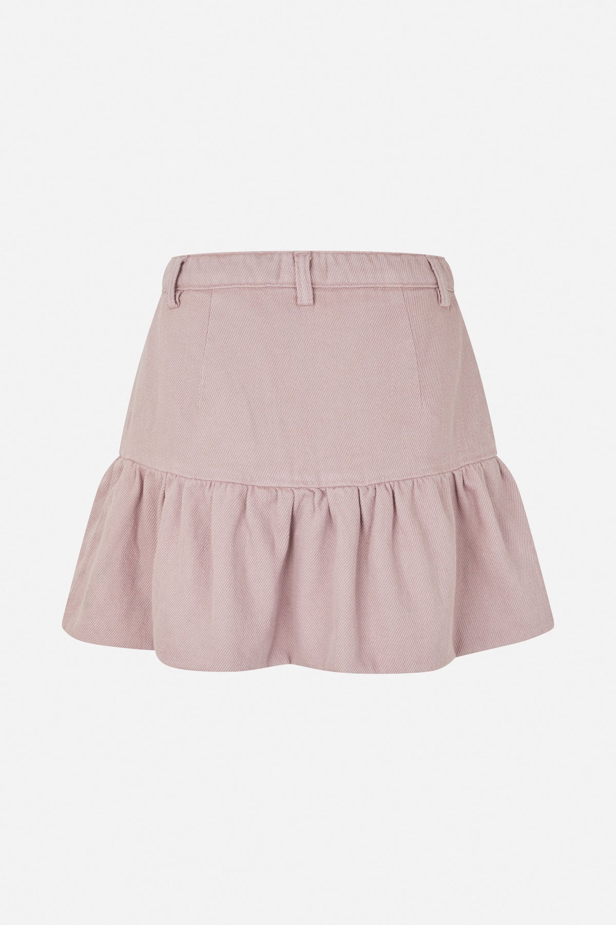 Back detail of a dusty pink skirt with belt loops, a high waistband and a gathered flounced hem.