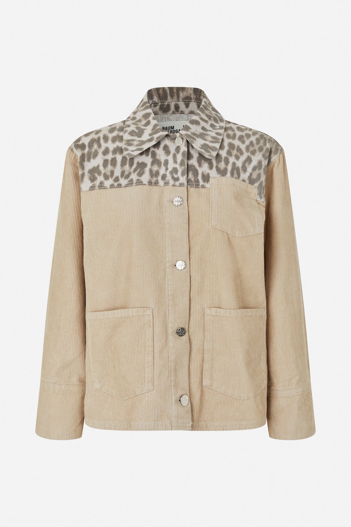 Front view of a beige corduroy jacket with a contrasting brown-and-cream animal-print yoke and collar, metal buttons and flap pockets.