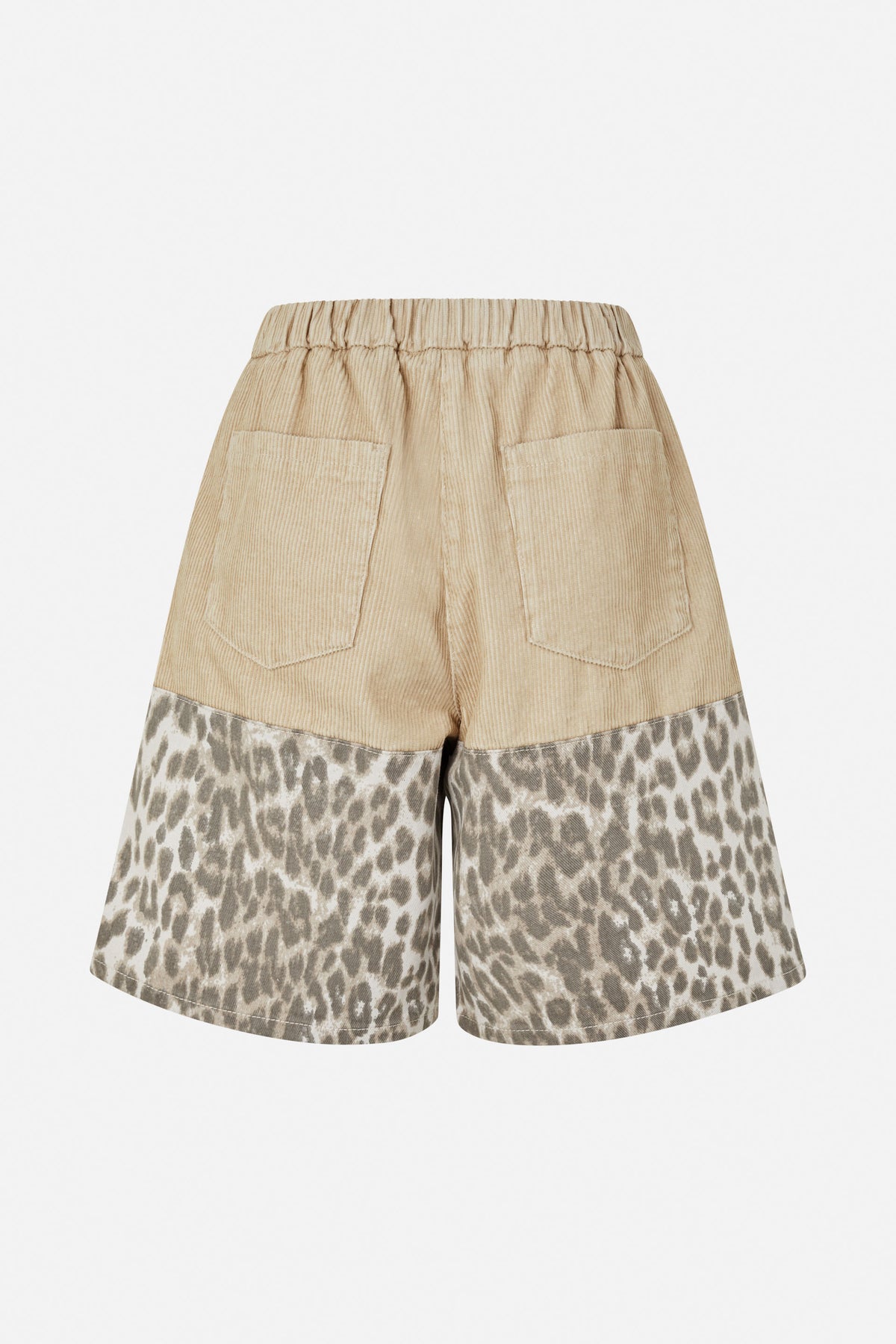 Back view of shorts with a beige corduroy upper, elasticated waist, patch pockets and grey animal-print legs.