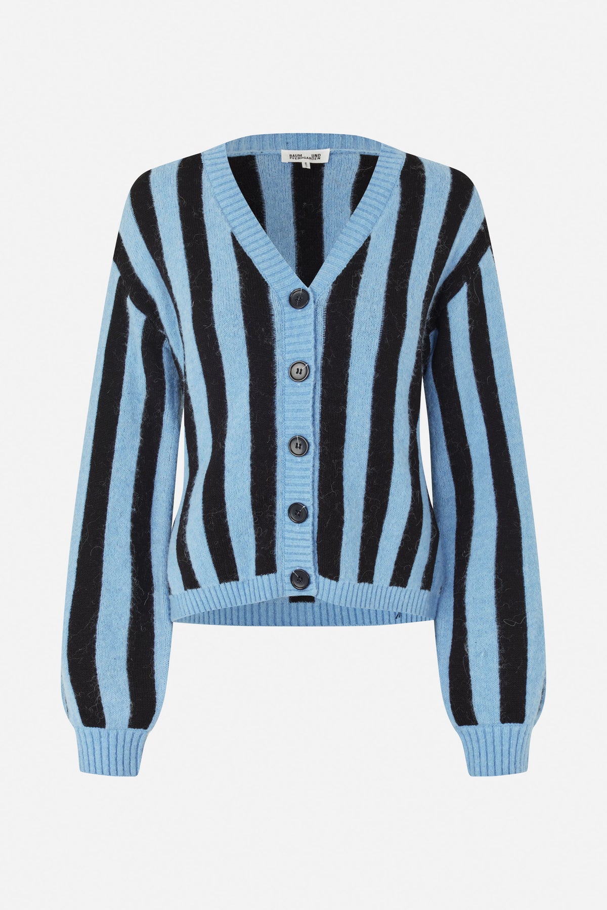 Front view of a blue and black striped knitted cardigan with a V-neck, button fastening and ribbed trim.