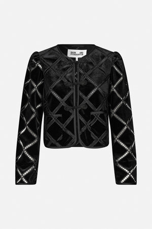 Front view of a black velvet jacket with a diamond lattice pattern, long sleeves, patch pockets and decorative frog closures.