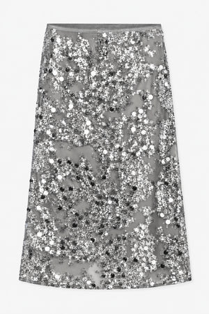 Front view of a grey midi skirt covered in dense silver, black and clear sequins