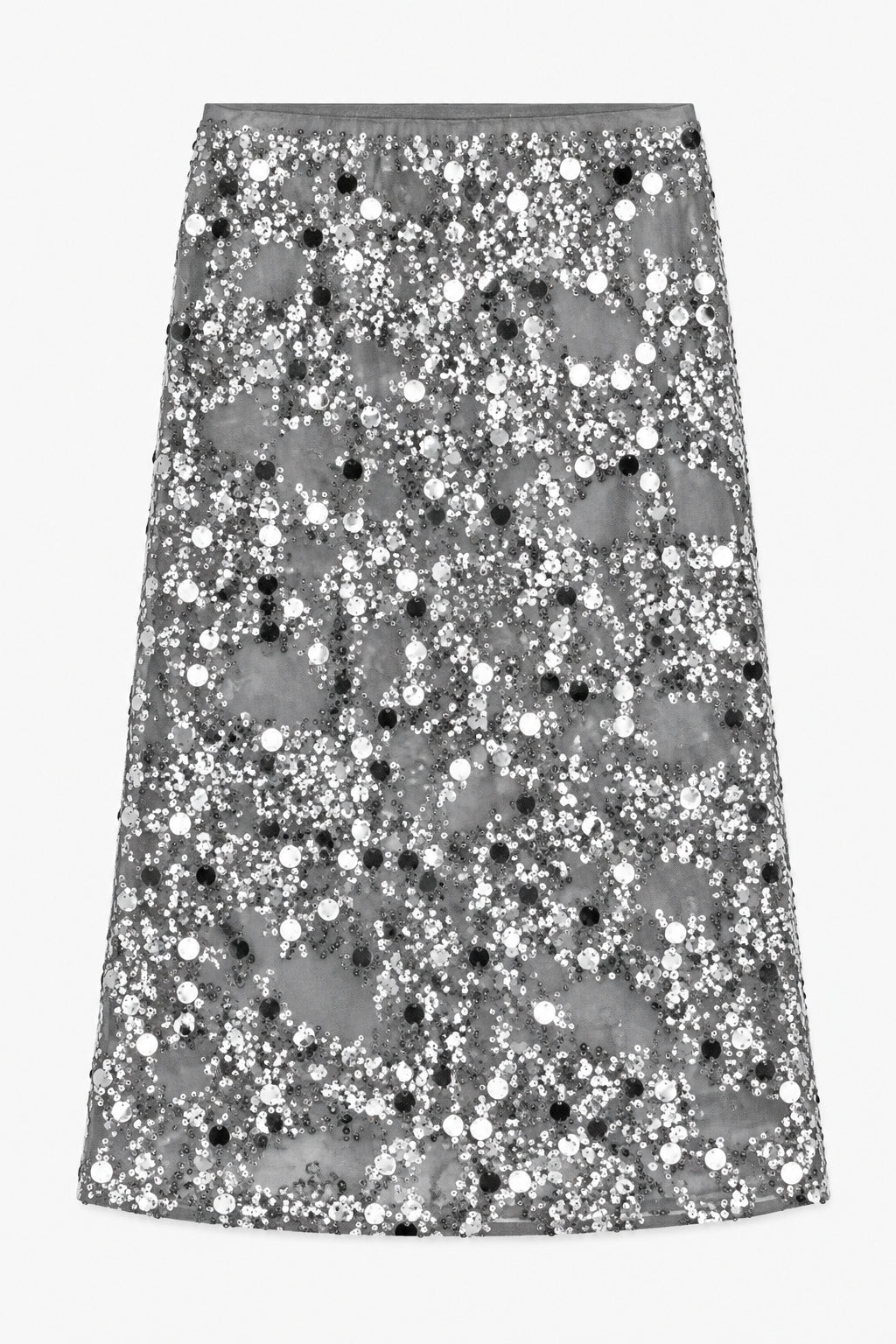 Front view of a grey midi skirt covered in dense silver, white and black sequins.