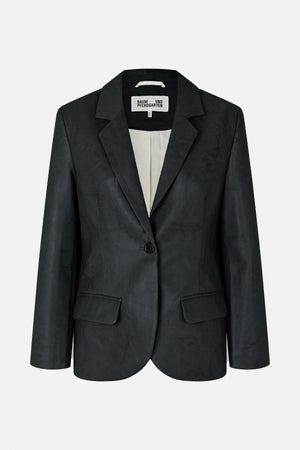 Front view of a black single-button blazer with notched lapels, flap pockets and a subtle crinkled surface.