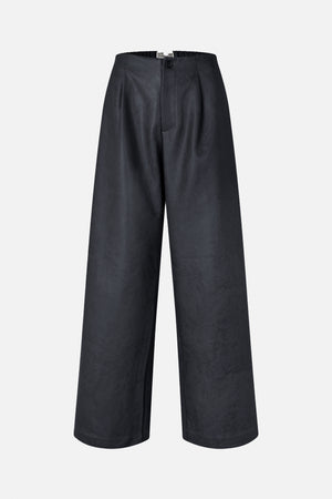 Front view of charcoal wide-leg trousers with a subtle crinkled texture, button fastening and elasticated back waistband.