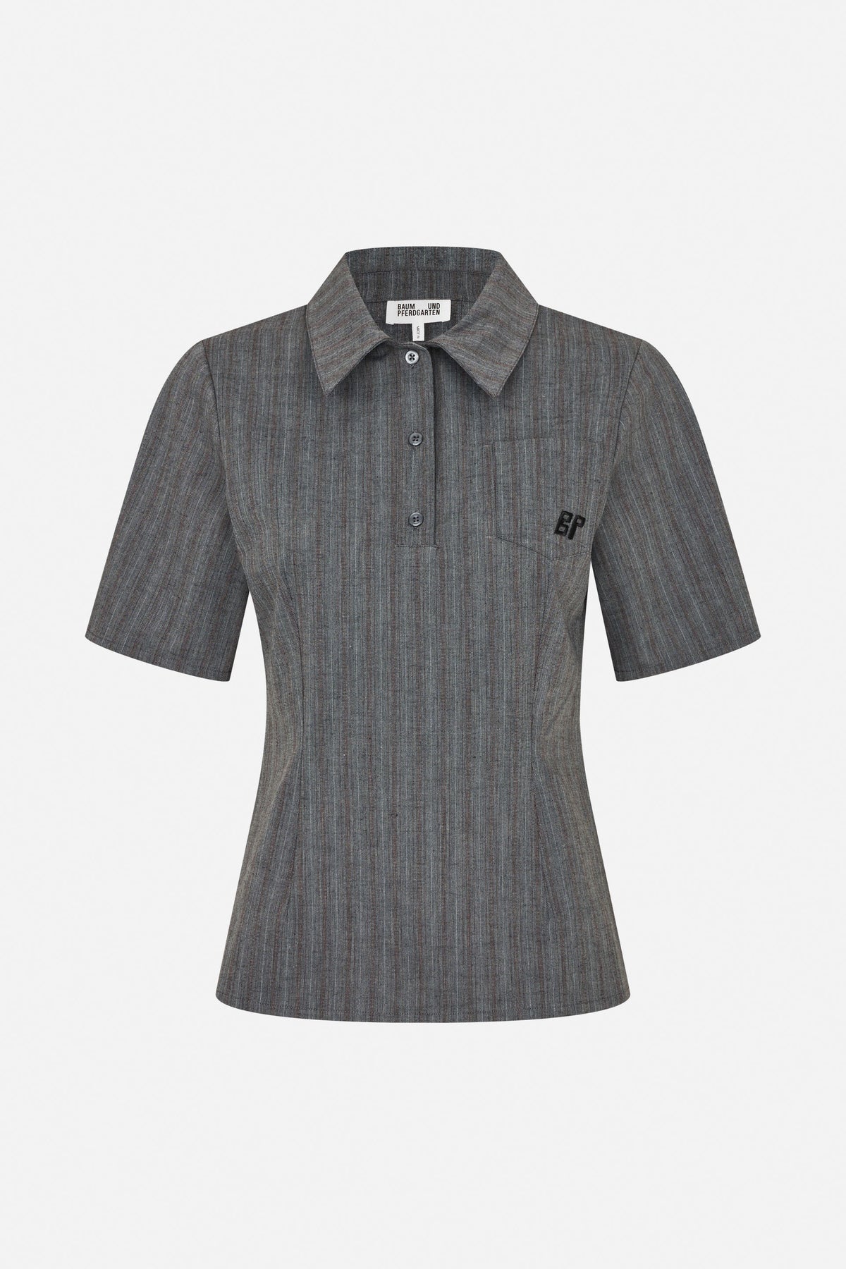 Front view of a grey finely striped, short-sleeved shirt dress with a pointed collar, button front and fitted waist.