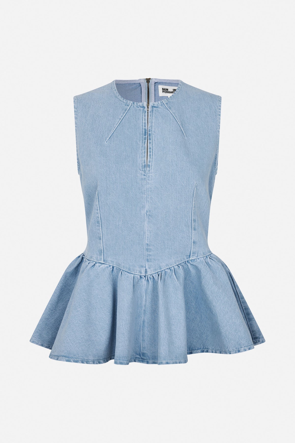 Front view of a light blue sleeveless denim dress with a zip neckline, fitted seamed bodice and gathered flared skirt.