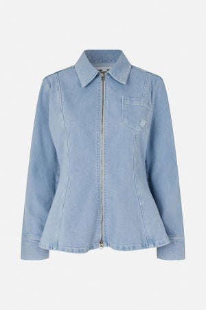 Front view of a light blue denim jacket with a pointed collar, zip fastening, chest pocket and shaped seams.