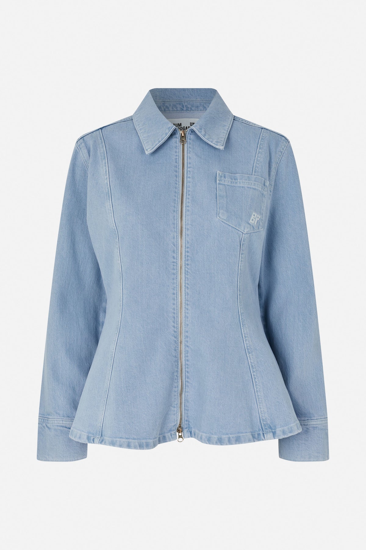 Front view of a light blue denim jacket with a pointed collar, zip fastening, chest pocket and shaped seams.