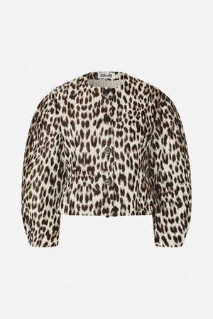 Front view of a cropped, long-sleeved cardigan with a cream and brown animal-print pattern, round neckline and dark buttons.