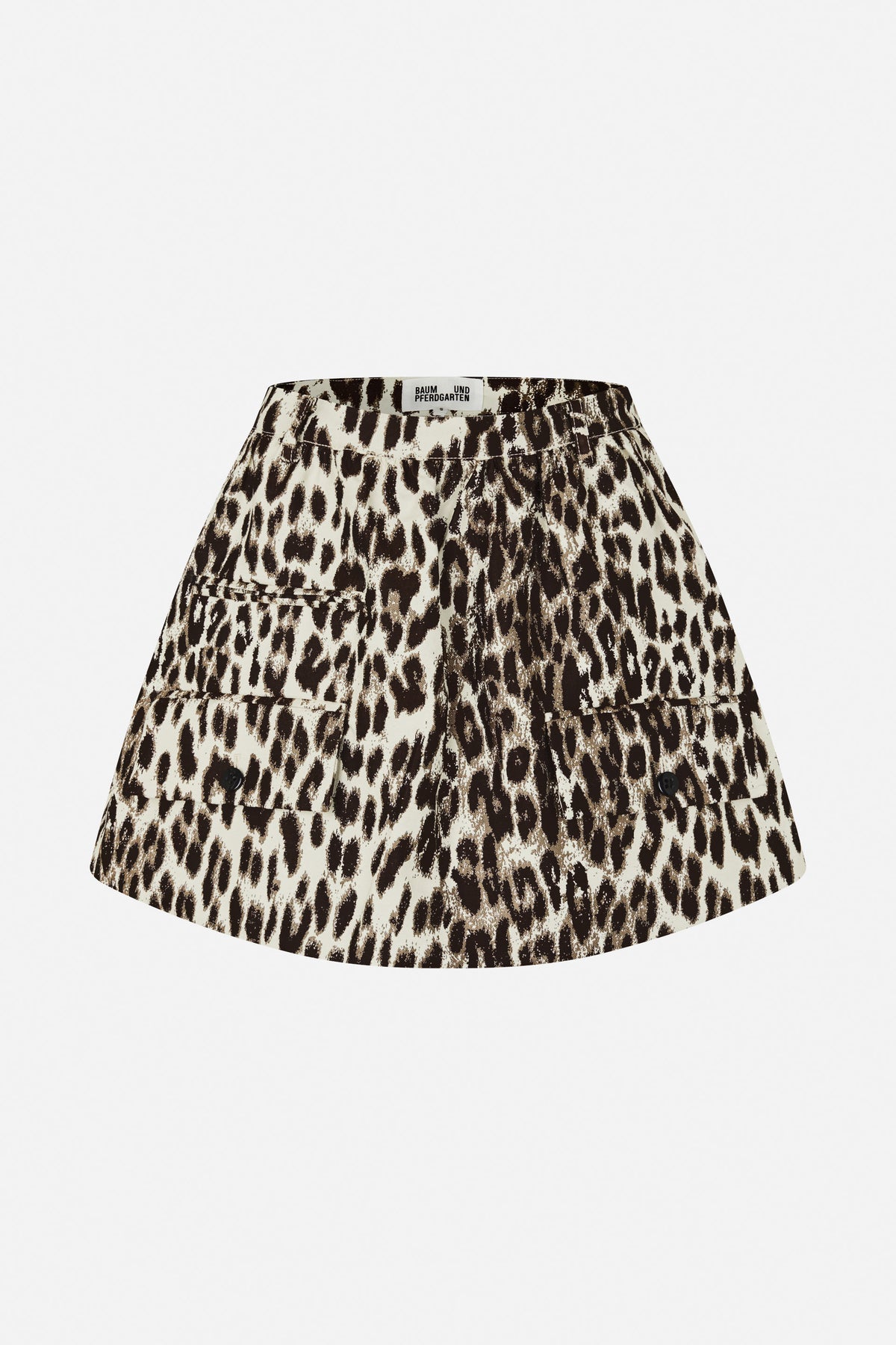 Front view of an A-line mini skirt in a cream and dark brown abstract animal print, with a waistband and buttoned flap pockets.
