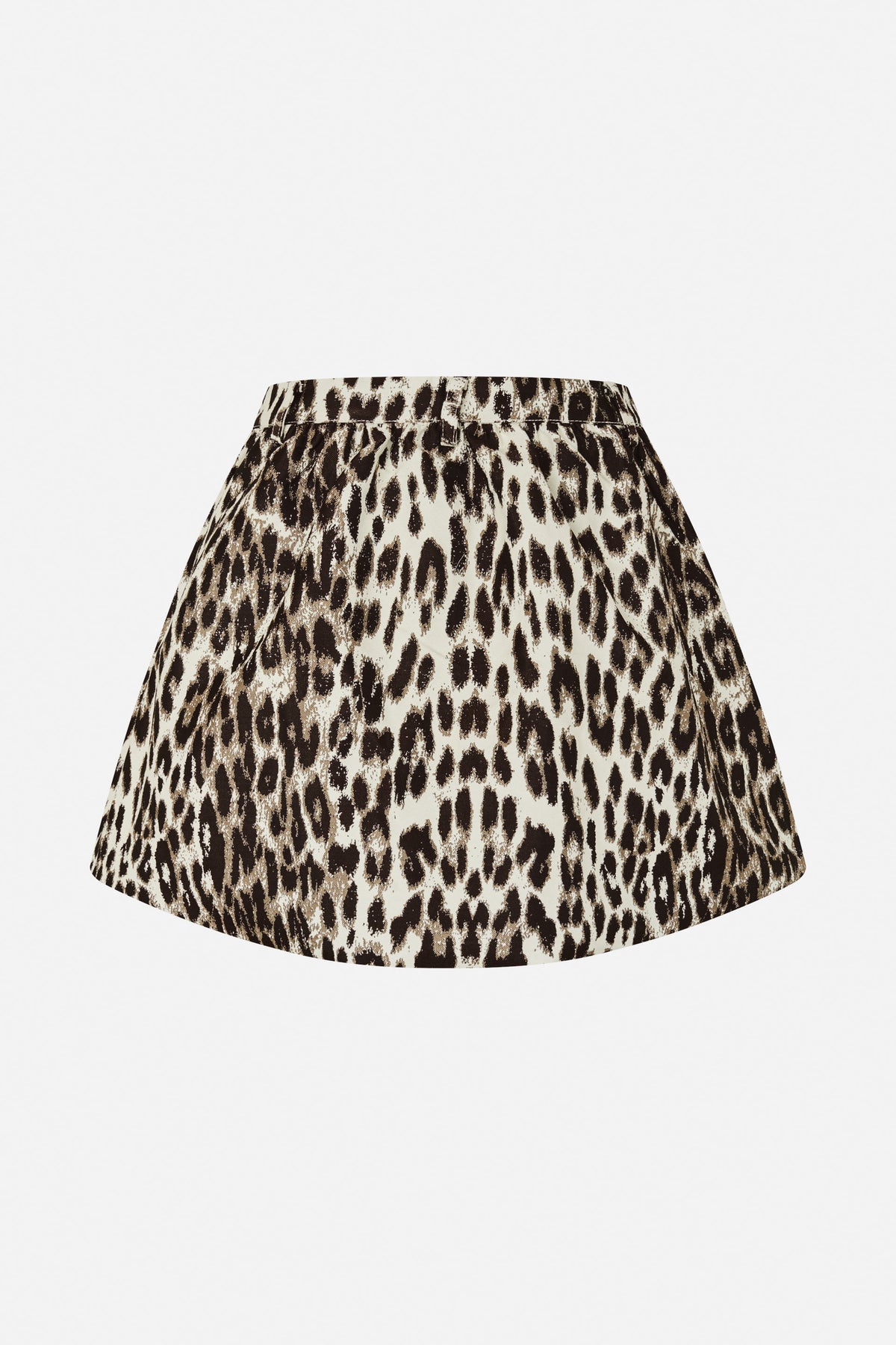 Vooraanzicht van een uitlopende rok met een dierenprint in ivoor, bruin en zwart en een brede tailleband.