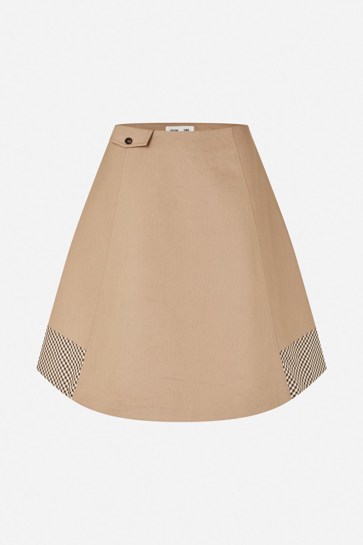 Front view of a tan A-line skirt with brown-and-cream gingham panels at the hem and a buttoned waist tab.