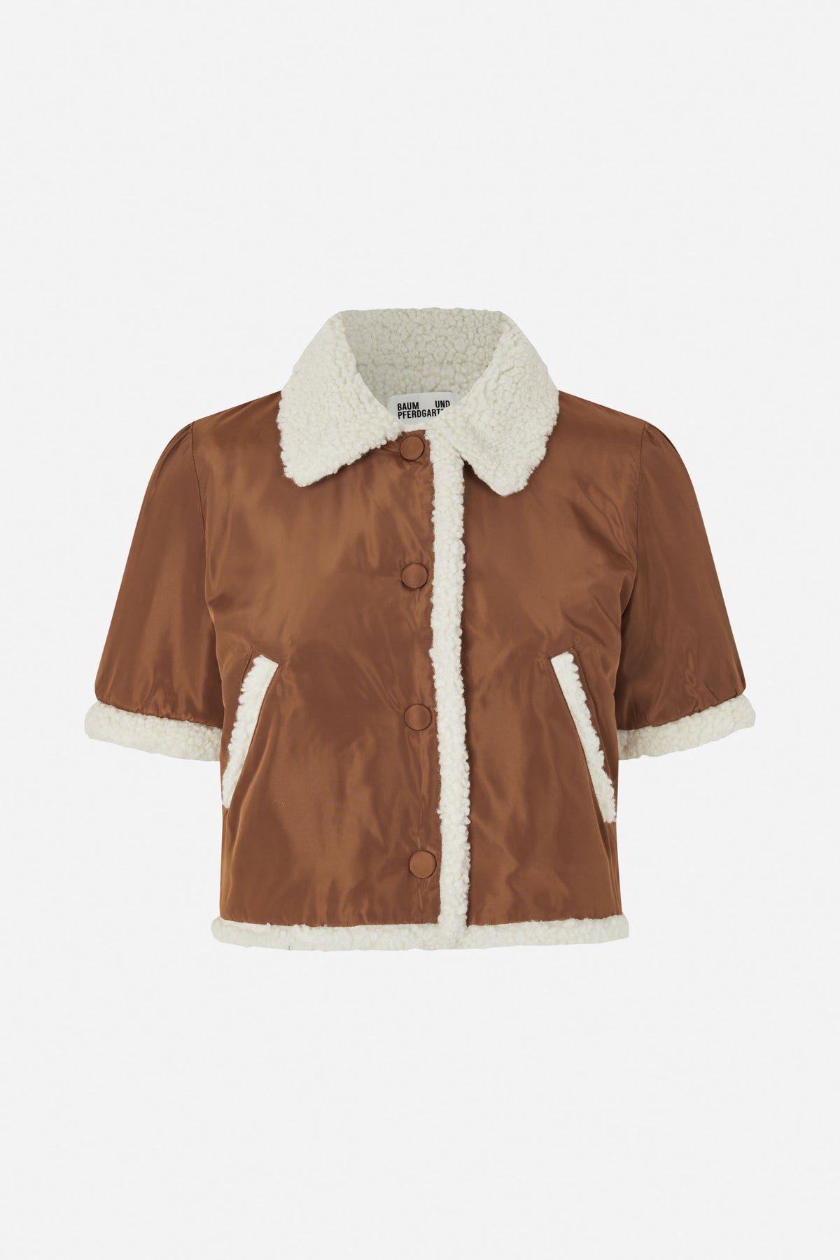 Front view of a brown jacket with a cream textured collar, button front, pocket trim, cuffs and hem.