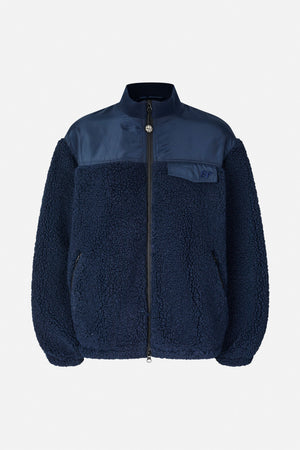 Front view of a navy textured fleece jacket with a stand collar, full-length zip, smooth chest panel and flap pocket.