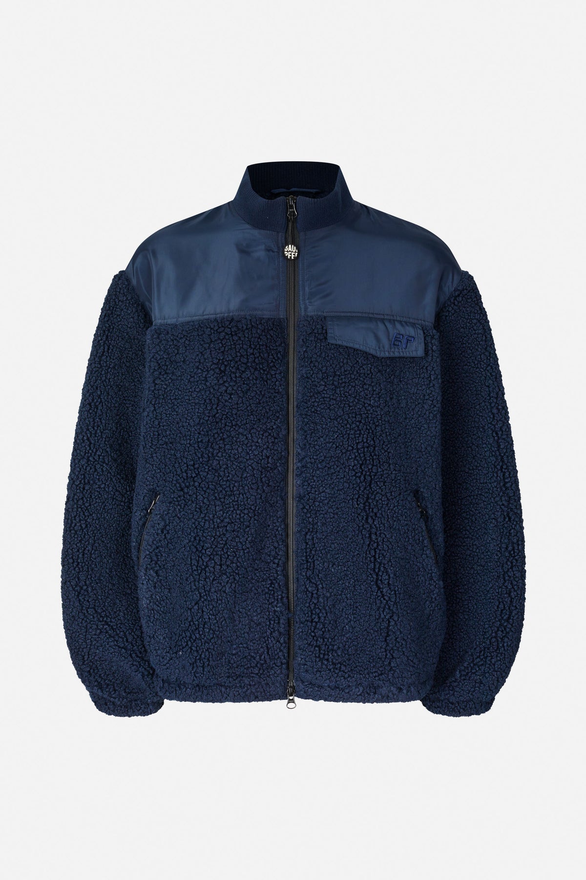 Front view of a navy textured fleece jacket with a stand collar, full-length zip, smooth chest panel and flap pocket.