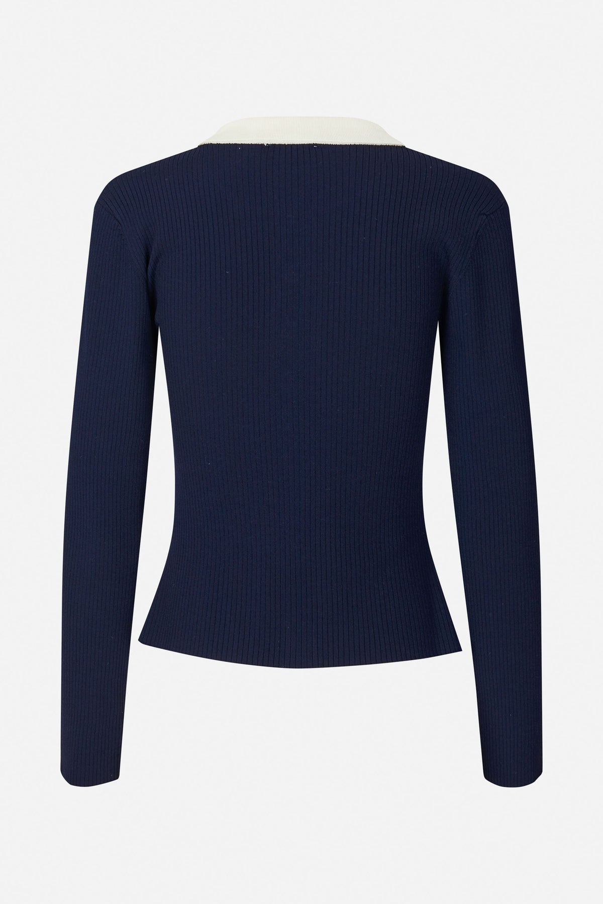Back view of a navy ribbed long-sleeve top with a contrasting cream collar.