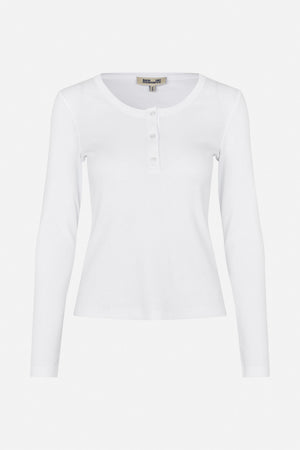 White long-sleeved top with a rounded neckline and three-button front placket, shown from the front.