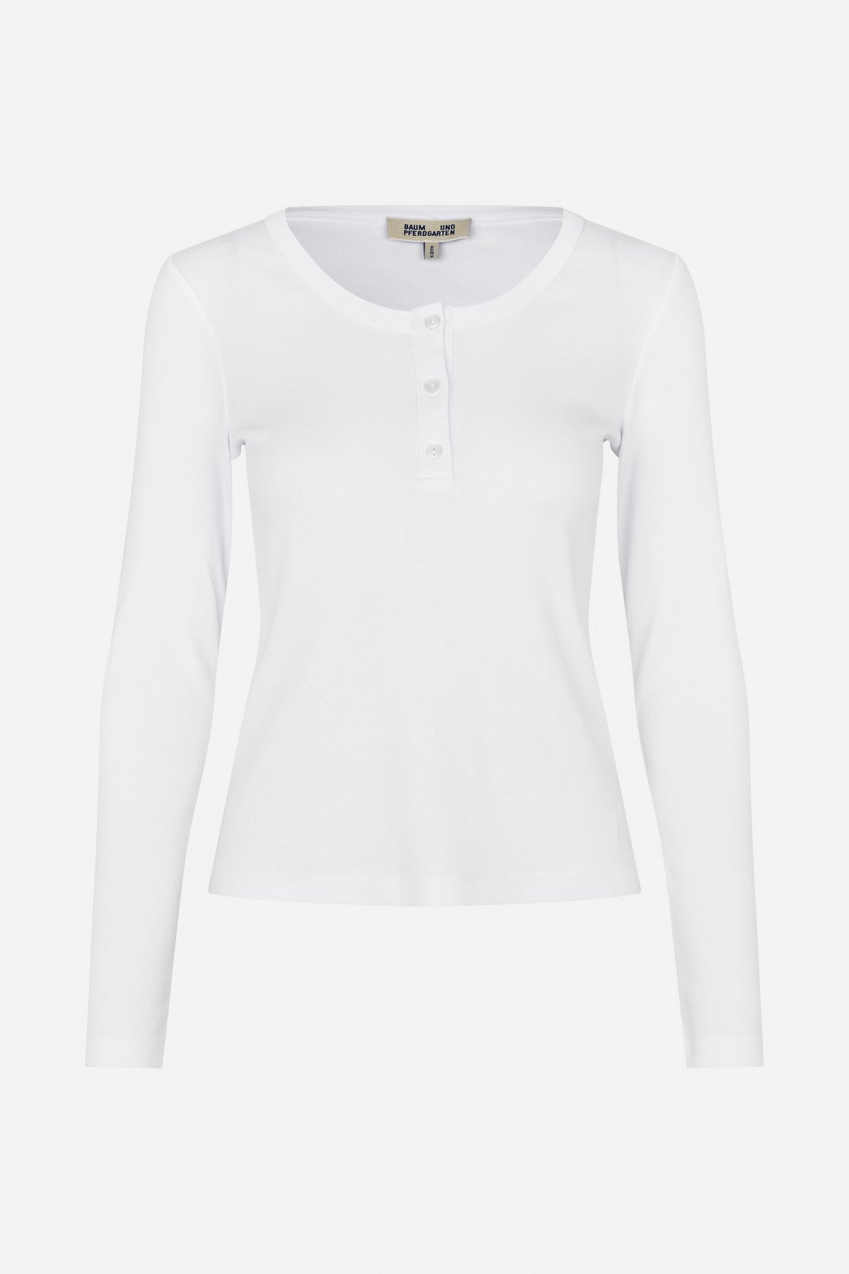 White long-sleeved top with a rounded neckline and three-button front placket, shown from the front.