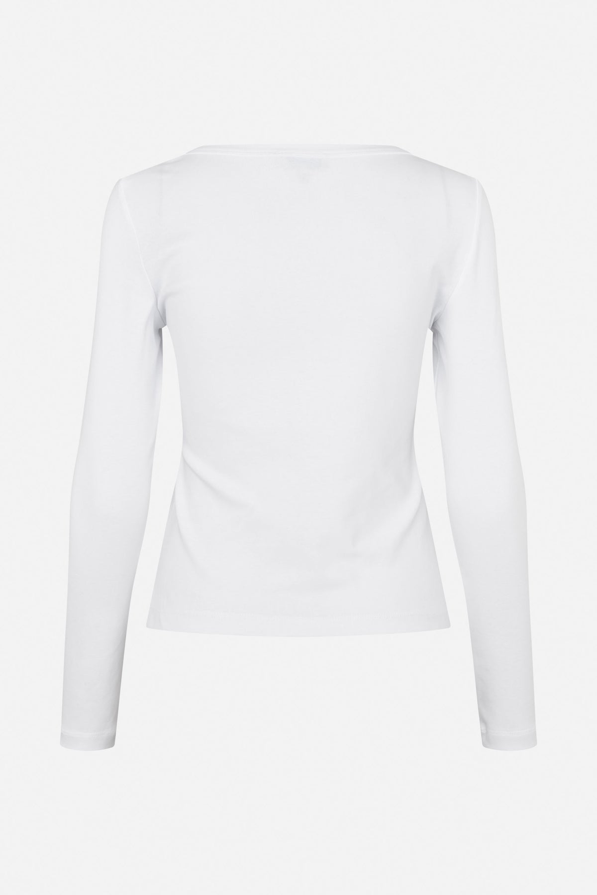 Back view of a plain white fitted long-sleeve top with a rounded neckline