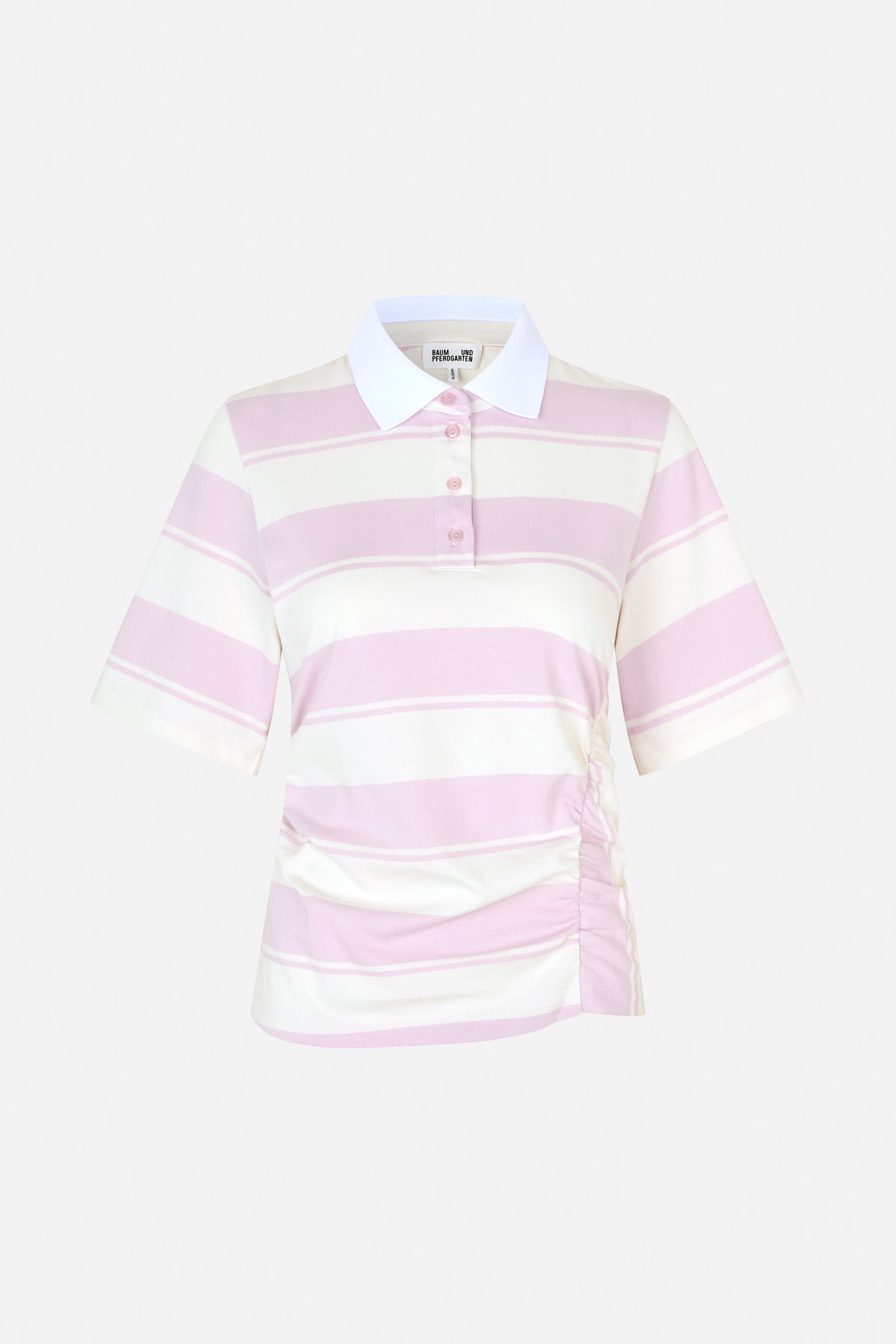 Front view of a short-sleeved polo shirt with broad pink and white horizontal stripes, a white pointed collar and button placket.