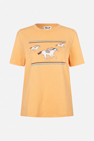 Front view of a peach-orange crew-neck T-shirt with a graphic of horse riders and blue and brown stripes.