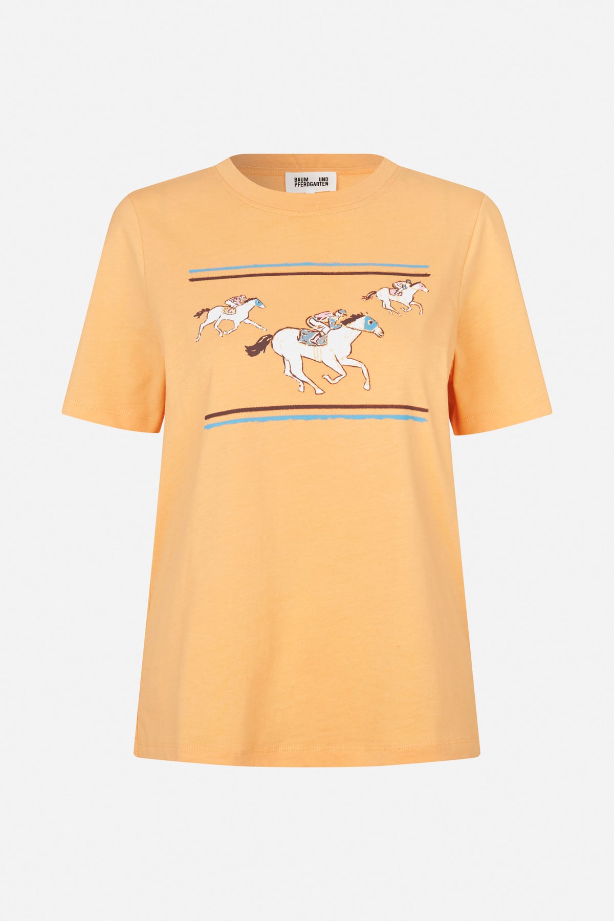 Front view of a peach-orange crew-neck T-shirt with a graphic of horse riders and blue and brown stripes.