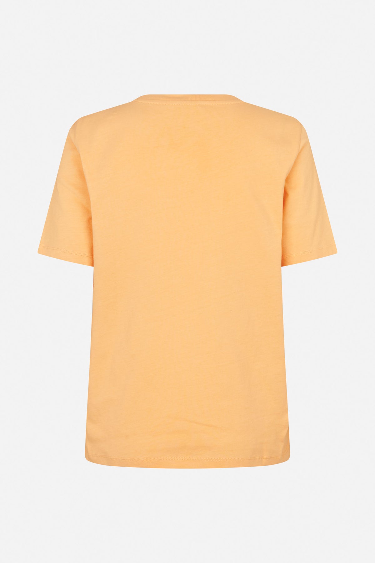 Back view of a plain peach-orange T-shirt with a crew neckline and short sleeves.