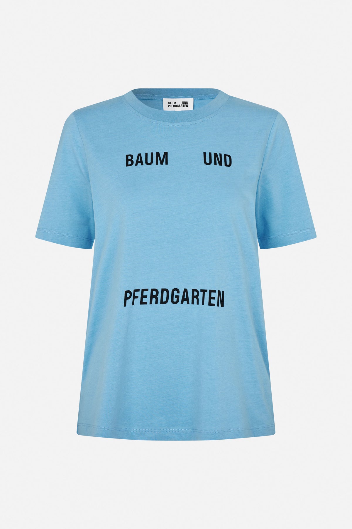 Light blue short-sleeved crew-neck T-shirt with black “BAUM UND PFERDGARTEN” lettering across the front.