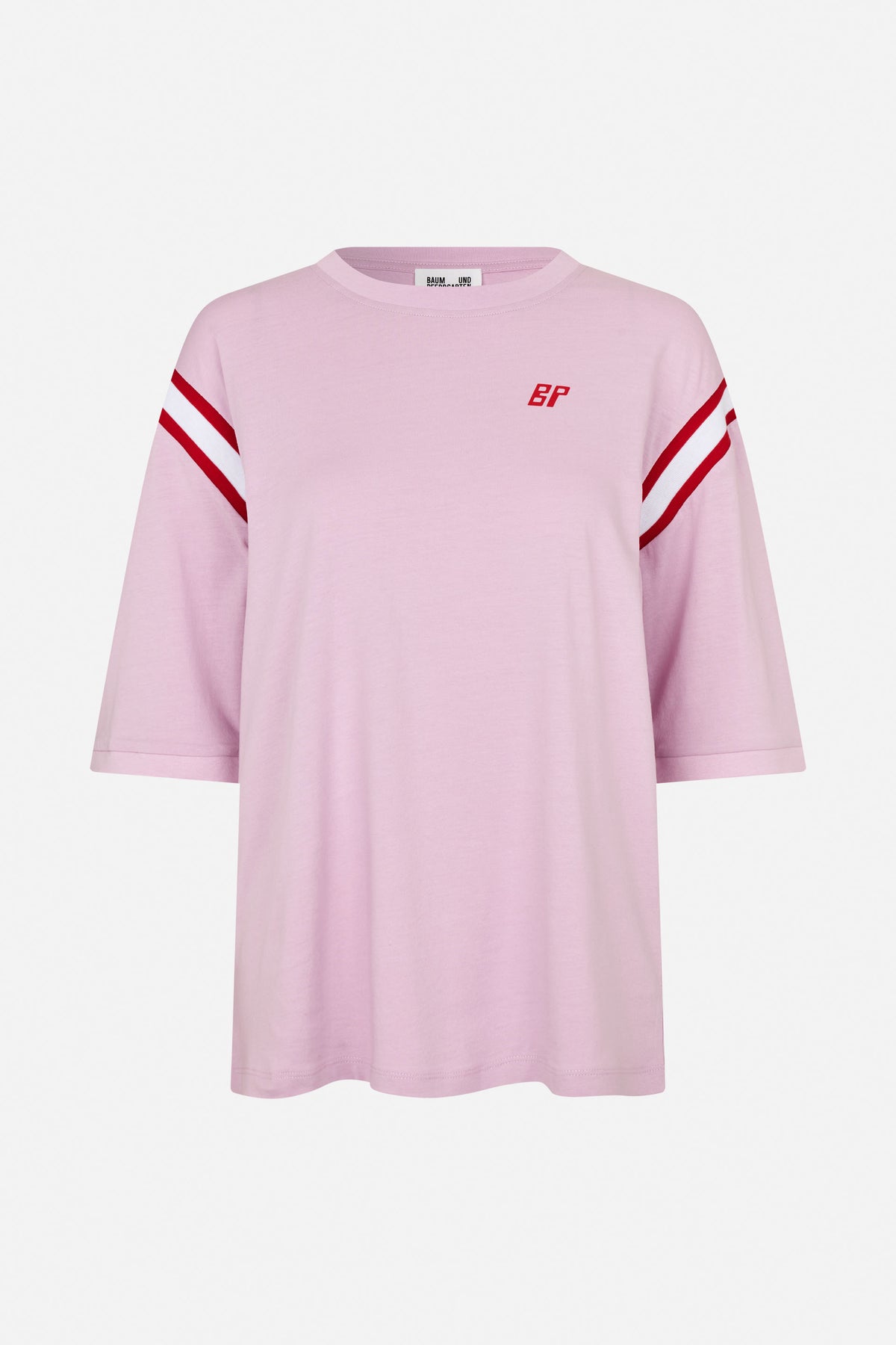 Front view of a light pink short-sleeved T-shirt with red and white sleeve stripes and a small red BP chest emblem.