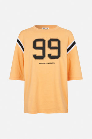Peach short-sleeve T-shirt, front view, with black-and-white sleeve stripes and a large black “99” graphic.