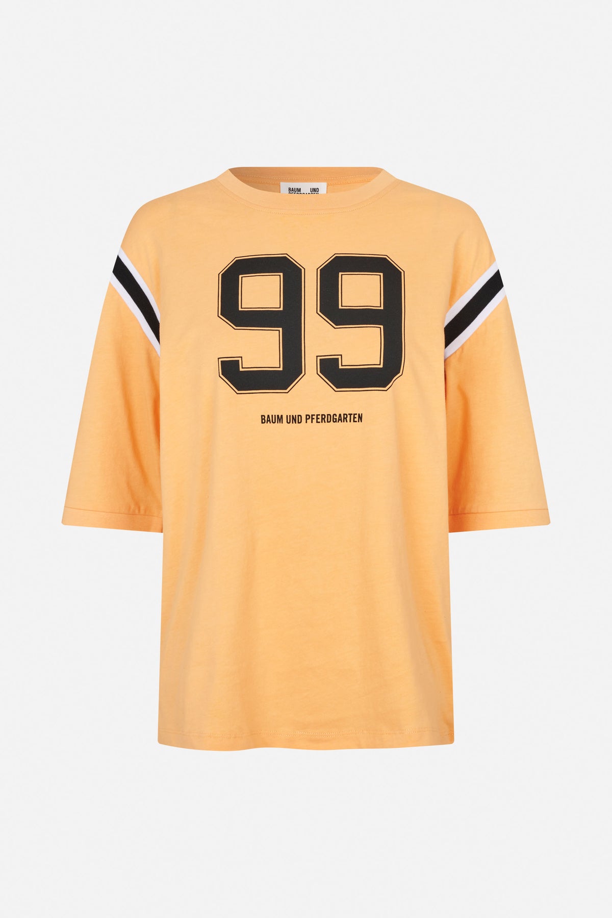 Peach short-sleeve T-shirt, front view, with black-and-white sleeve stripes and a large black “99” graphic.