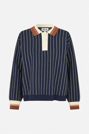 Front view of a navy knit polo sweater with lime vertical stripes, an ivory placket and cuffs, and rust-brown striped collar and cuffs.
