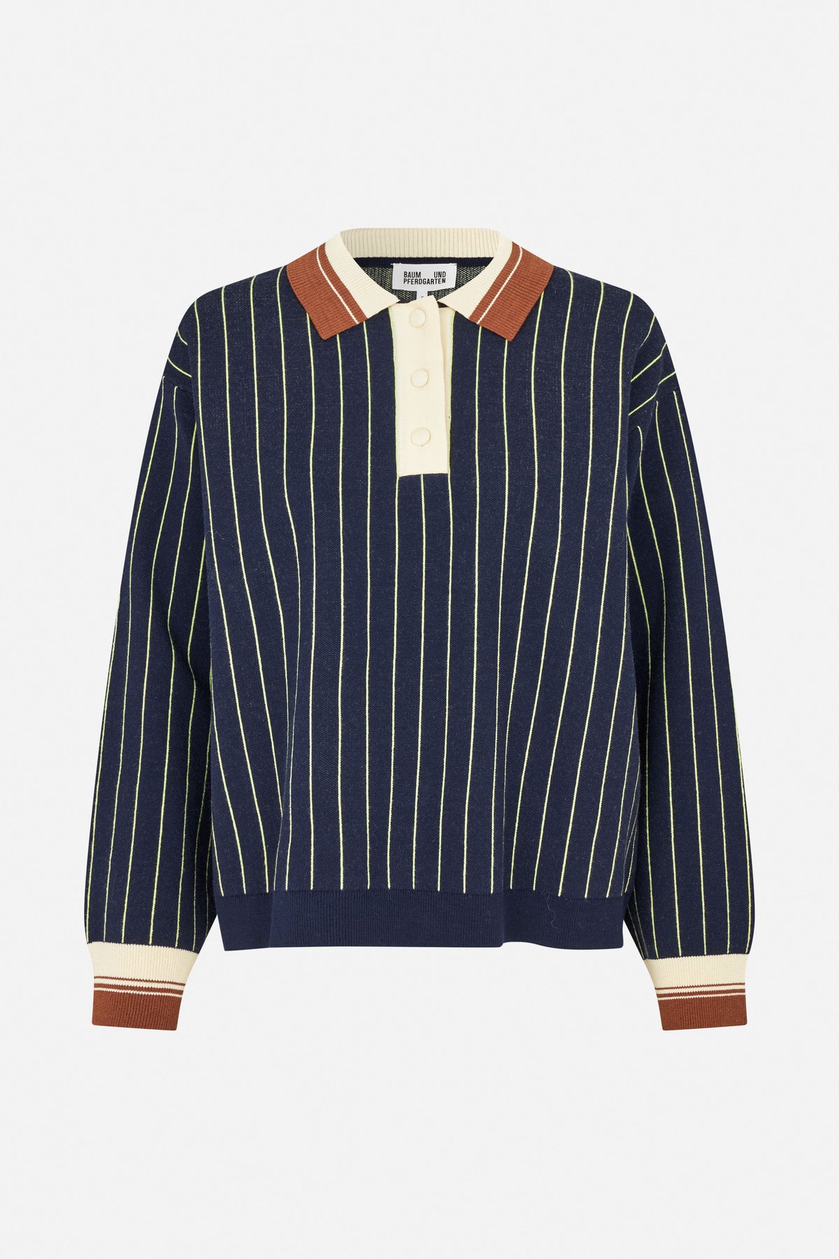 Front view of a navy knit polo sweater with lime vertical stripes, an ivory placket and cuffs, and rust-brown striped collar and cuffs.