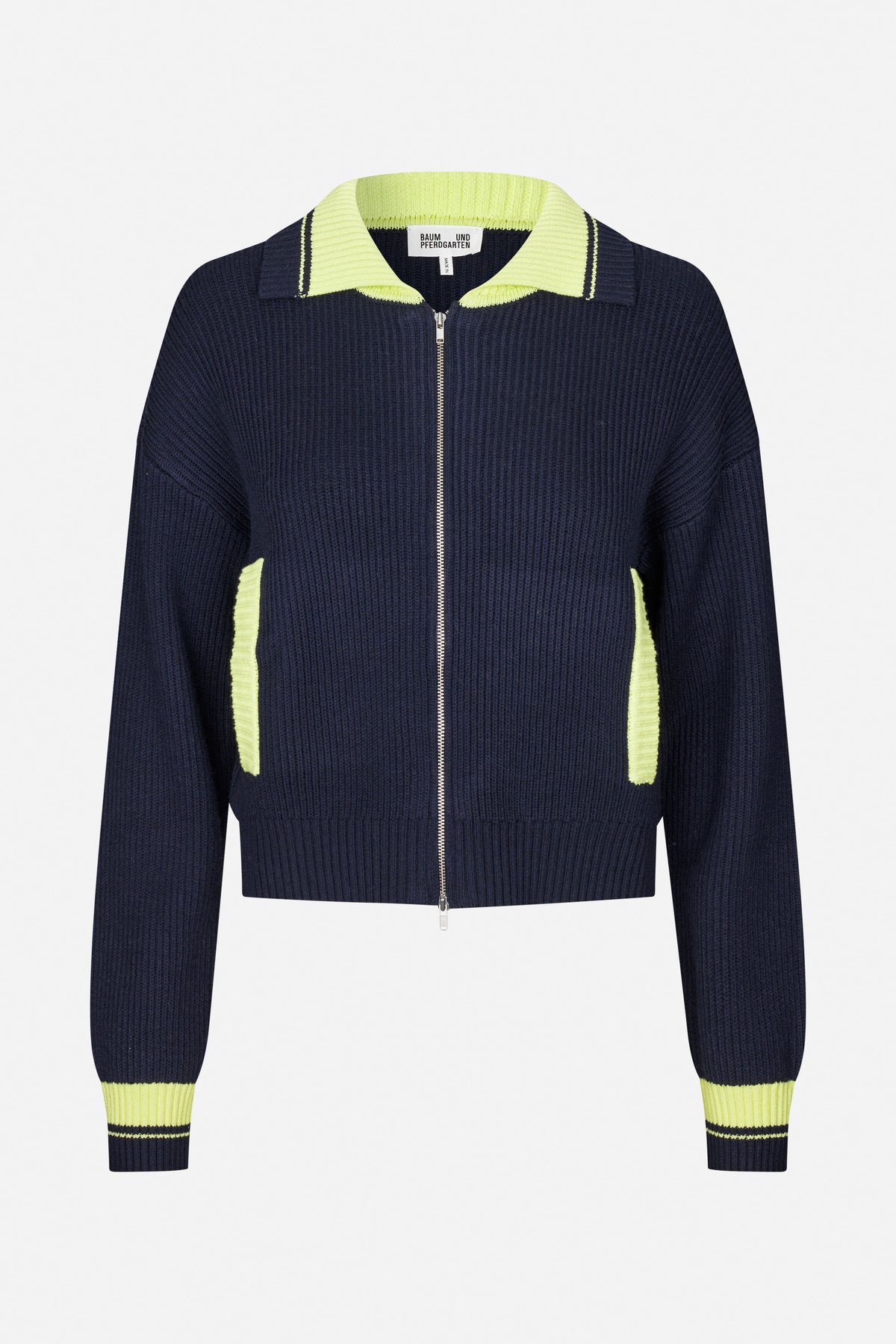 Front view of a navy rib-knit zip cardigan with a lime-green collar, pocket accents and striped cuffs.