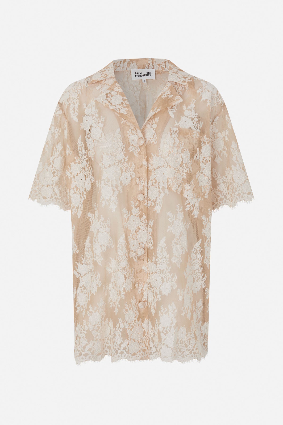 Front view of a short-sleeved, button-front shirt in sheer beige lace with an all-over white floral pattern.