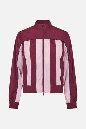 Front view of a long-sleeved zip-up jacket with burgundy panels, wide pale pink vertical stripes, a high collar and elasticated cuffs and hem.