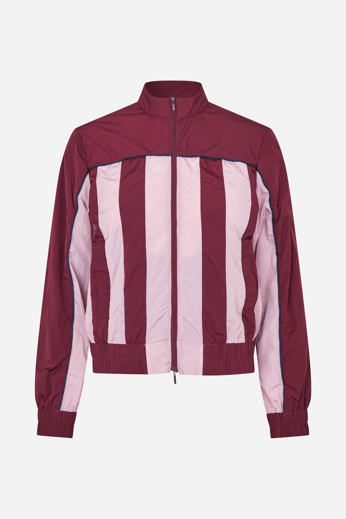 Front view of a long-sleeved zip-up jacket with burgundy panels, wide pale pink vertical stripes, a high collar and elasticated cuffs and hem.