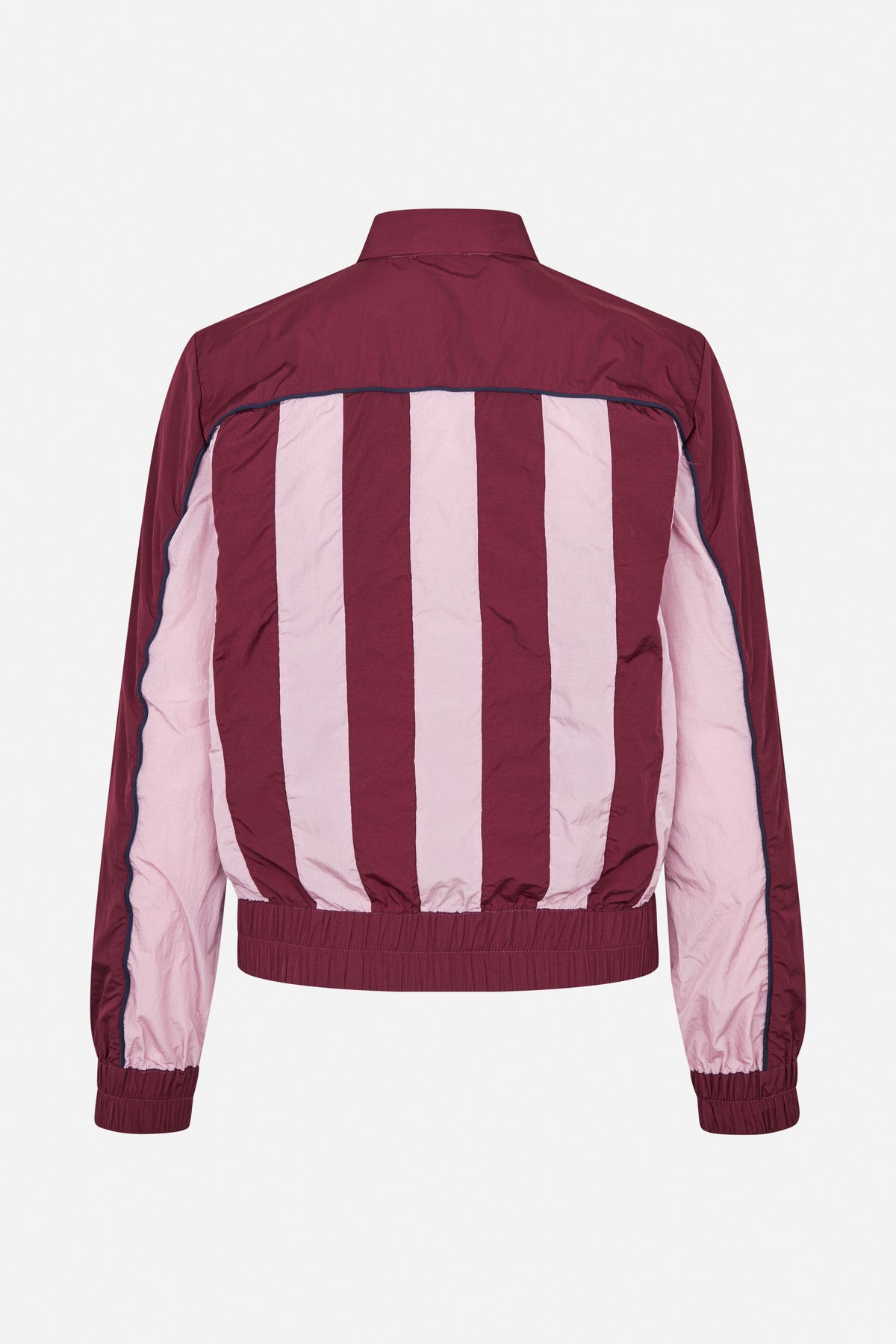 Back view of a long-sleeved burgundy jacket with wide pale pink vertical stripes, contrast piping and gathered cuffs and hem.