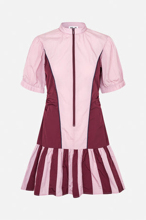 Front view of a pink and burgundy dress with a zip-up stand collar, puff sleeves, contrasting bodice panels and a striped gathered skirt.