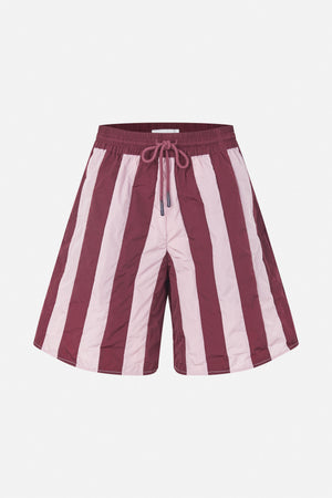 Front view of wide-leg shorts with an elastic drawstring waist and bold burgundy and pale pink vertical stripes.