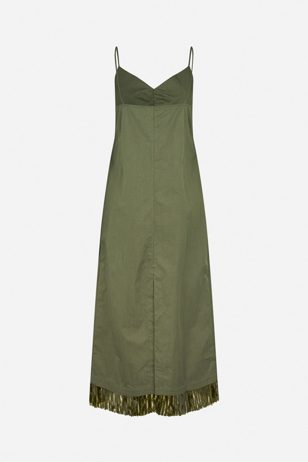 Front view of an olive green slip dress with thin adjustable straps, a gathered V-neck bodice and a sheer patterned pleated hem